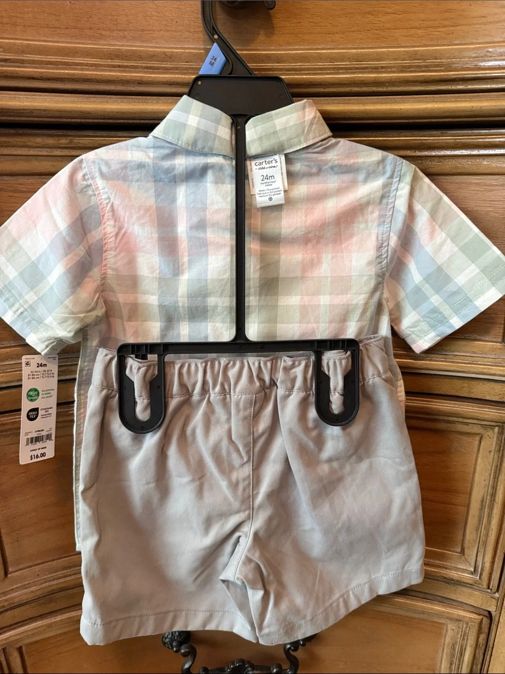 Carter's Pastel Plaid Button-Down Shirt with Light Blue Bow and Shorts